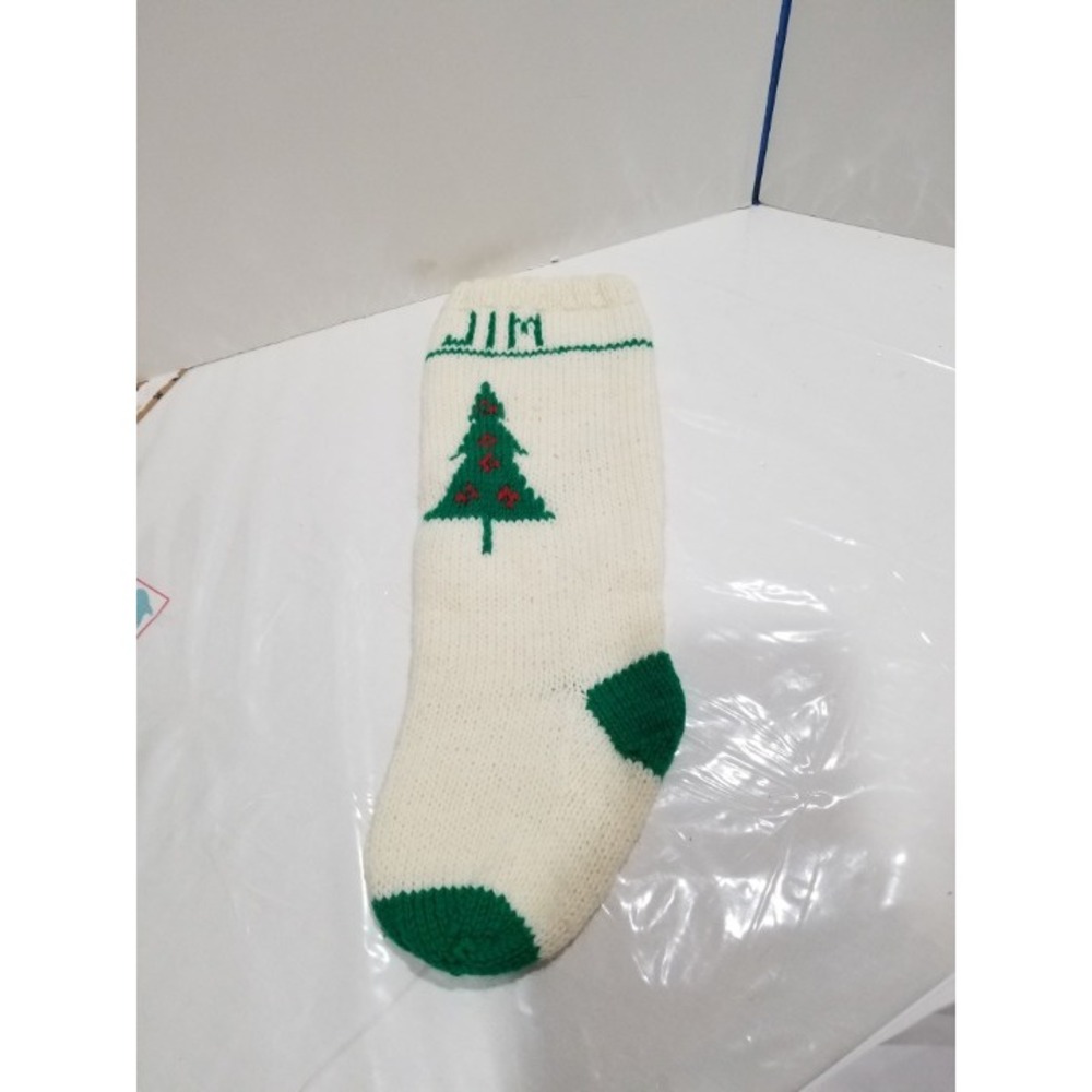 Vintage Hand Knitted Christmas Stocking Personalized‎ "JIM" Green White 16.5"